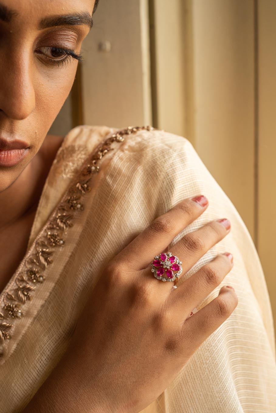 14K gold ruby floral cluster ring with white diamonds