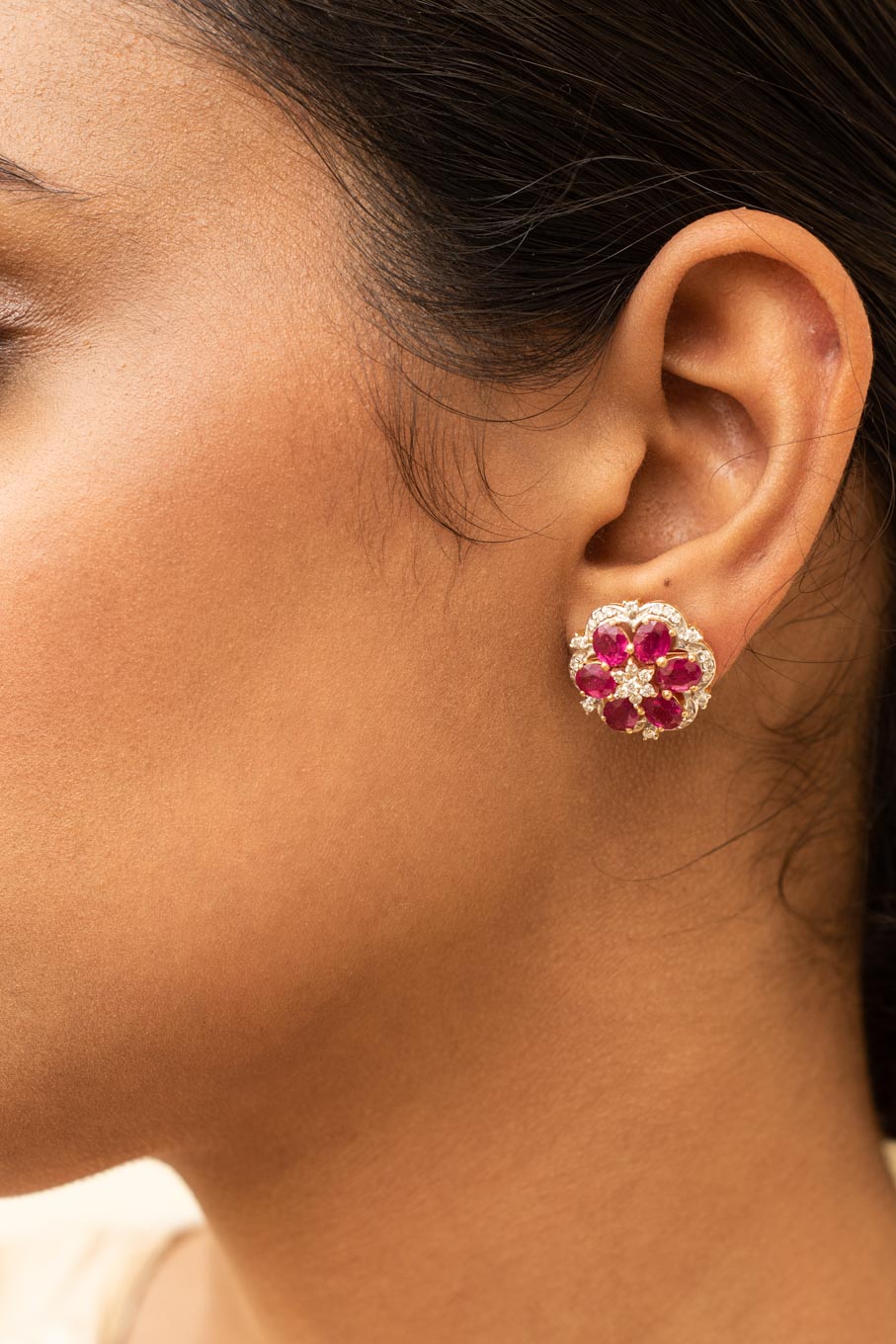 14K gold floral earrings clustered red rubies and diamonds