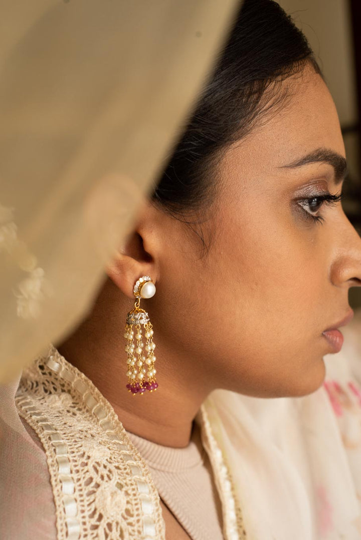 14K gold ruby pearl jhumka earrings worn by model
