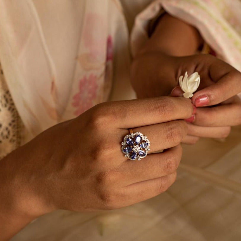 14K gold Tanzanite Floral Ring with blue tanzanite petals