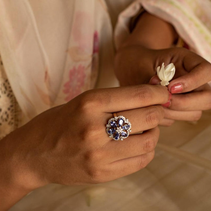 14K gold Tanzanite Floral Ring with blue tanzanite petals