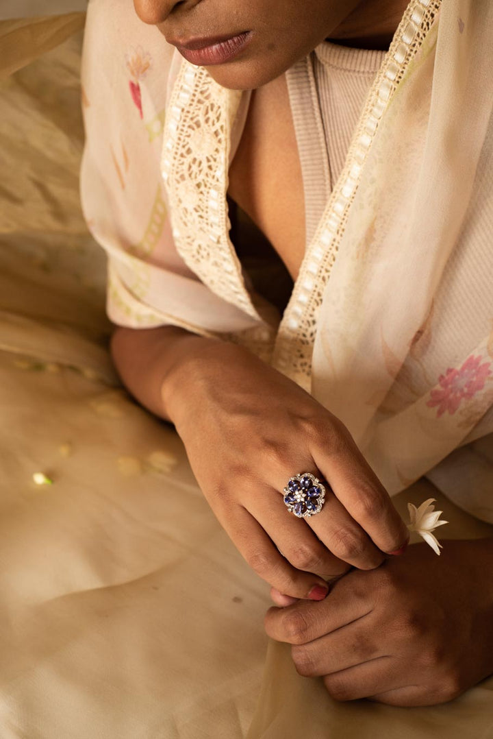 14K gold deep blue tanzanite floral cluster ring