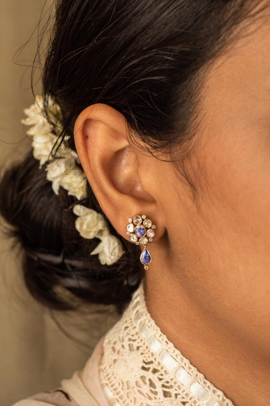 14K gold filigree Hadid earrings polki with blue gemstone