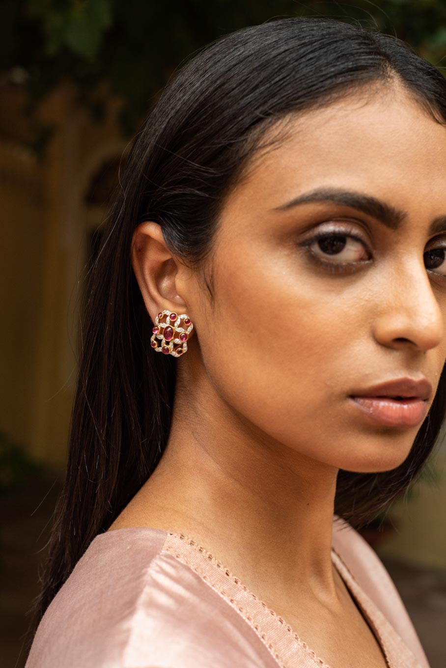 14K gold floral tourmaline earring pink gemstone accents