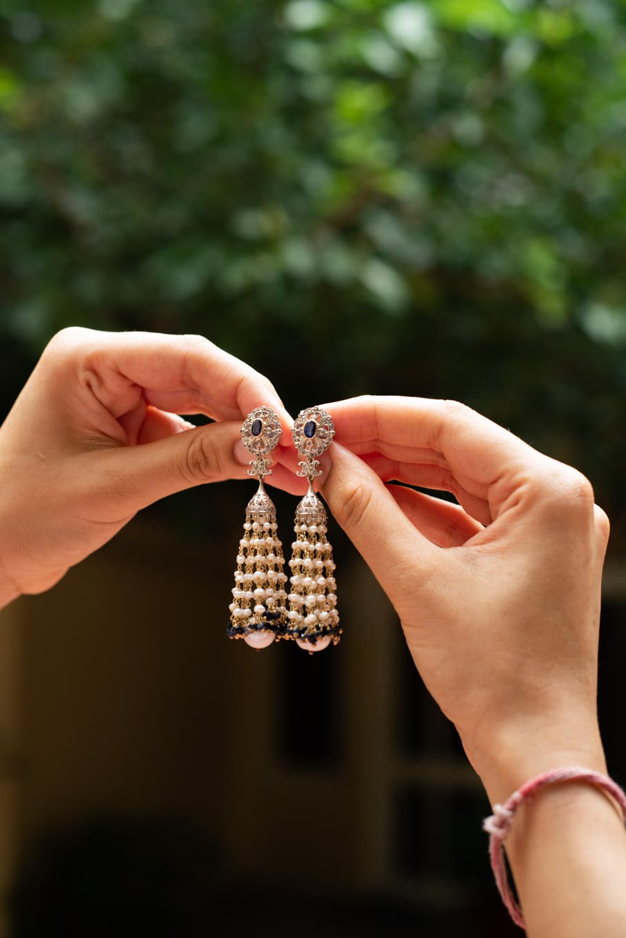 925 silver Laila Earrings floral design with pearl tassels
