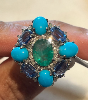 Emerald Turquoise Tanzanite Diamond Ring