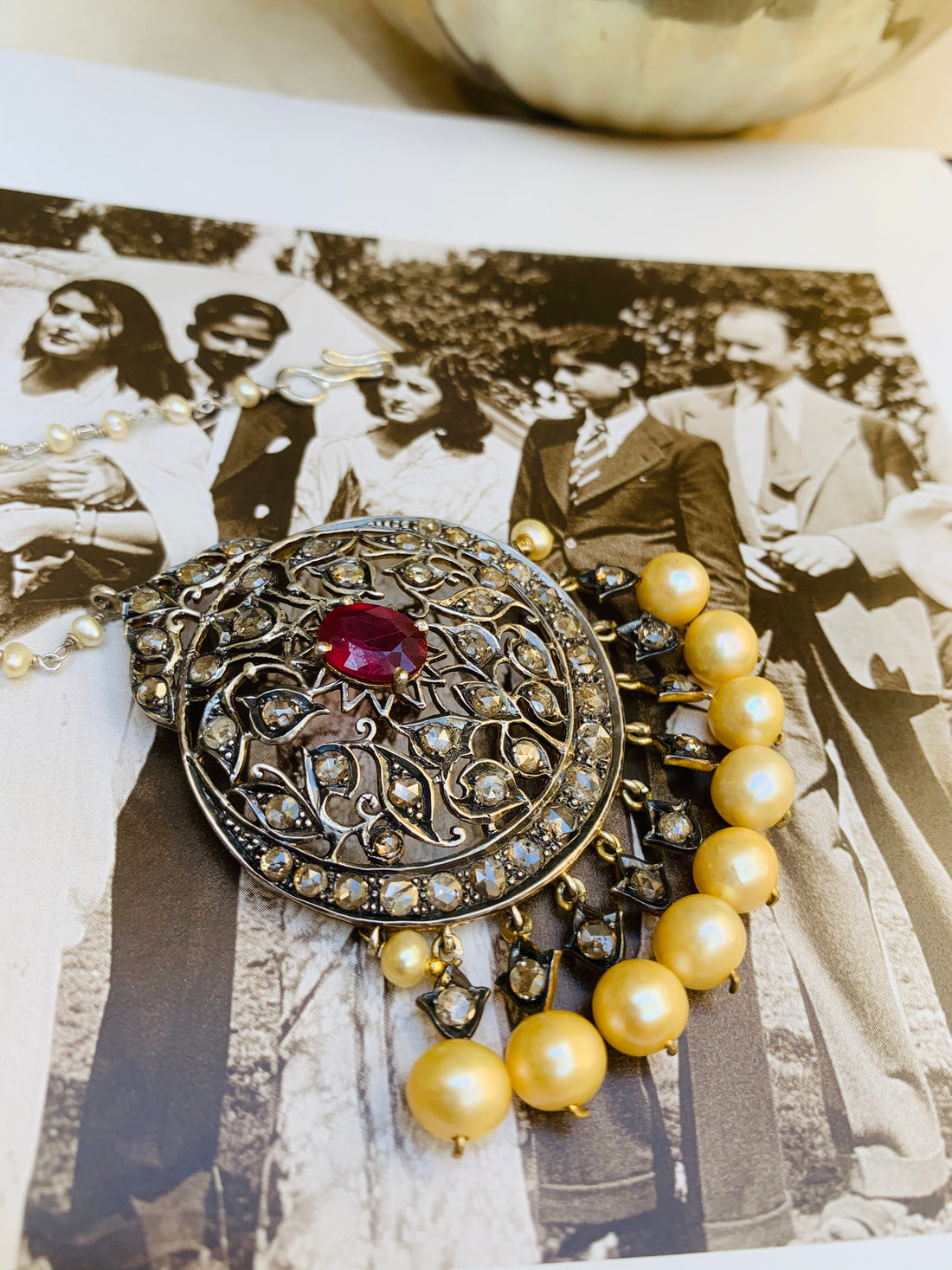925 silver antique-style maang tika with rosecut diamonds and pearls