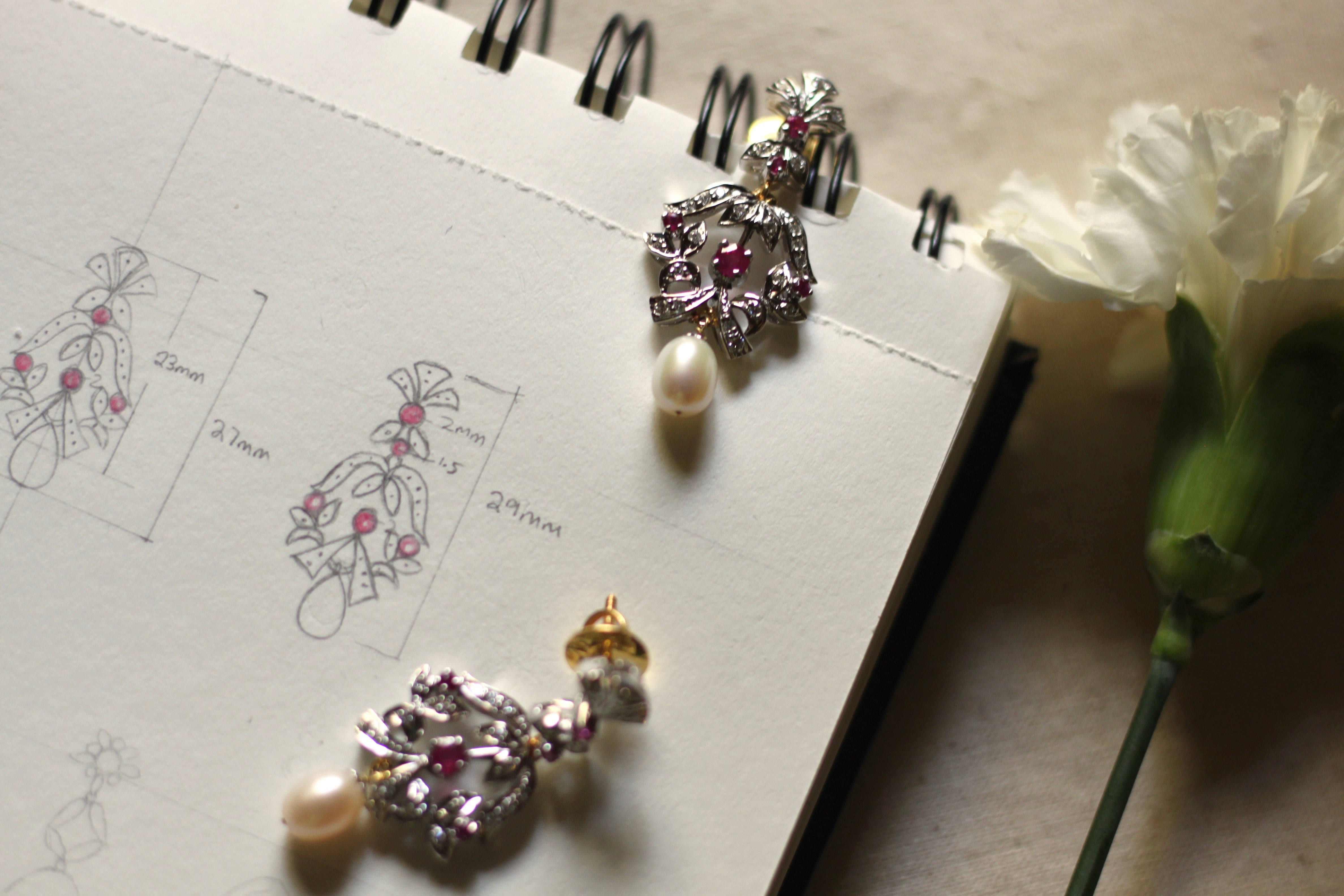 925 silver floral earrings with crystals and hanging pearls