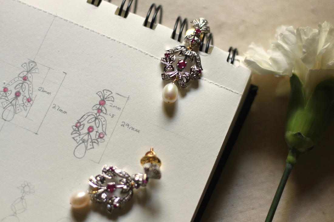 925 silver floral earrings with crystals and hanging pearls