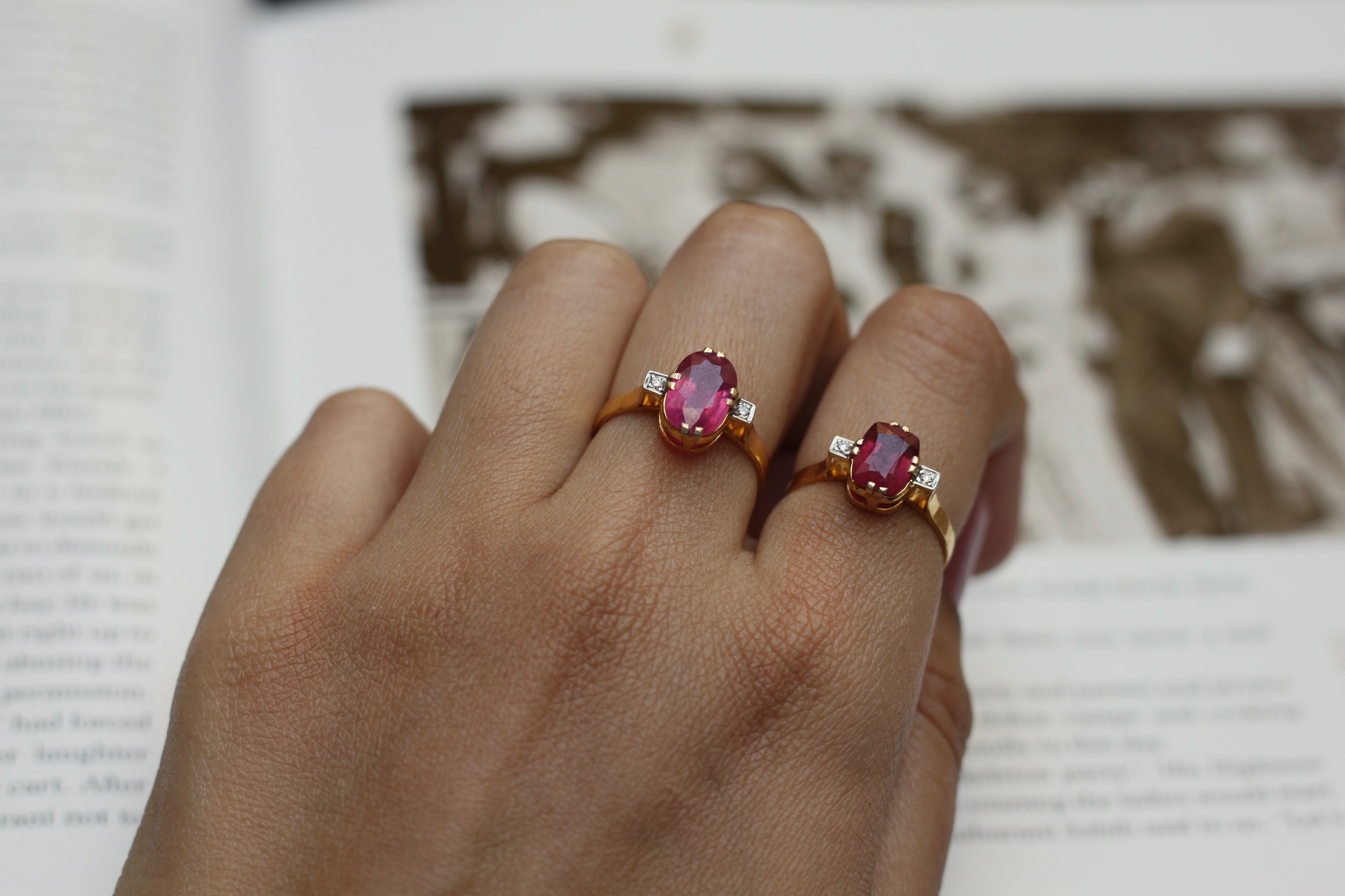 14K gold pink rectangular gemstone rings worn on fingers