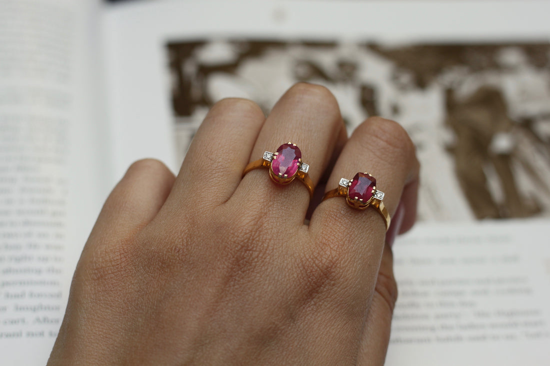 14K gold pink rectangular gemstone rings worn on fingers