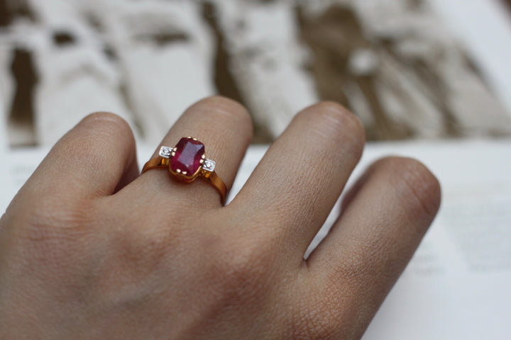 14K gold Naila Ring with rectangular ruby and diamond accents