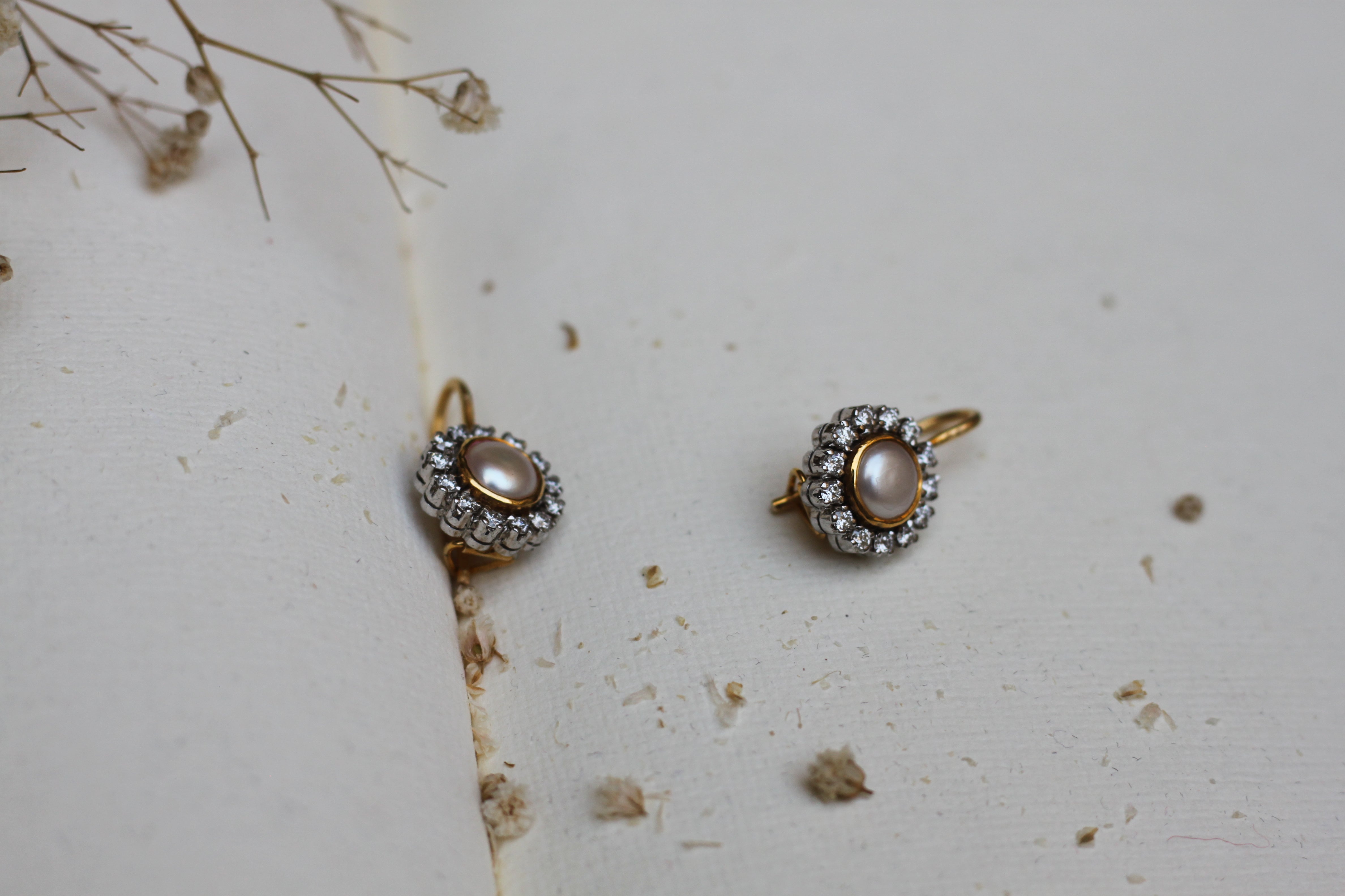 14K gold pearl and diamond drop earrings with sparkling diamonds