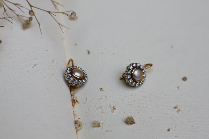 14K gold pearl and diamond drop earrings with sparkling diamonds