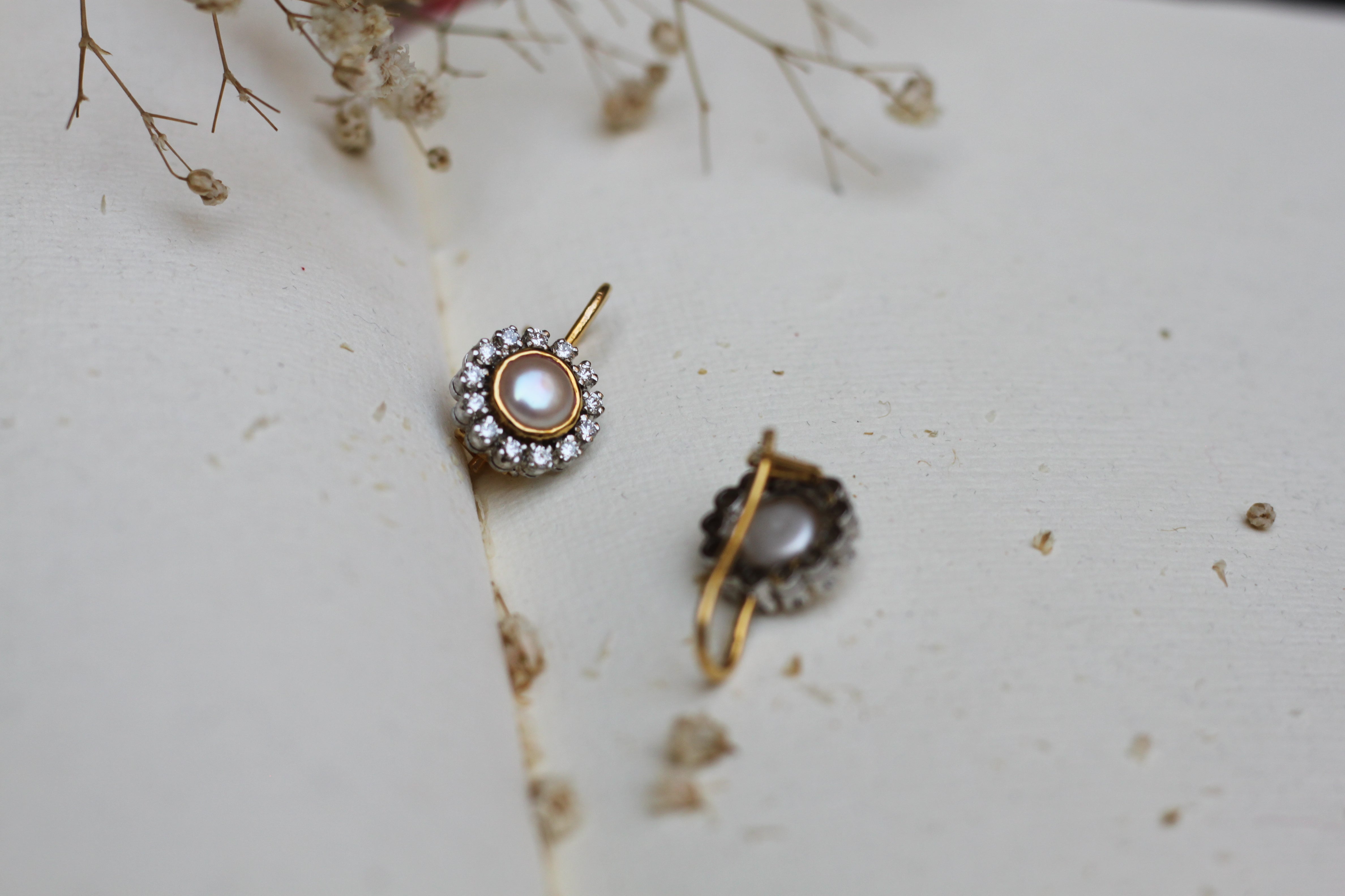 14K gold pearl diamond drop earrings product photo