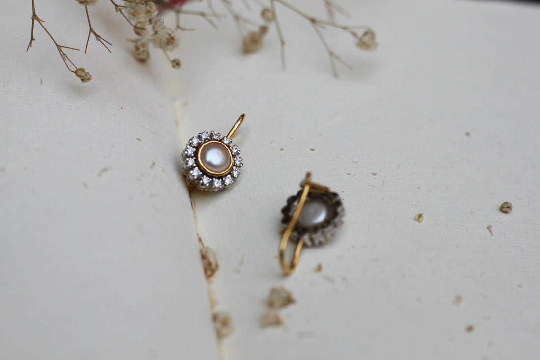 14K gold pearl diamond drop earrings product photo
