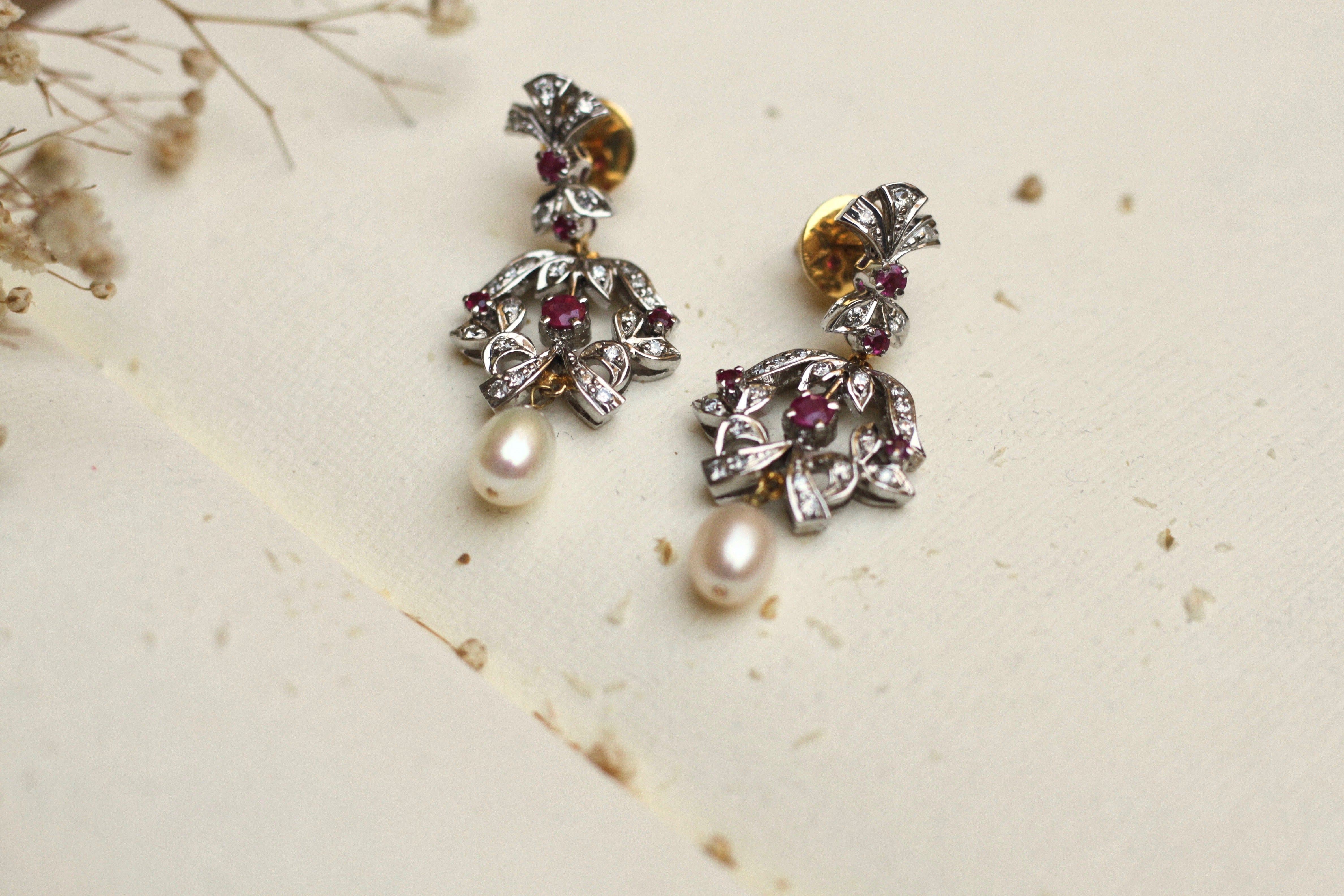 925 silver Manik Earrings with floral ruby design and dangling pearls