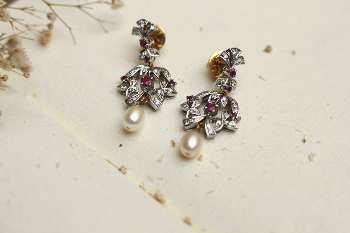 925 silver Manik Earrings with floral ruby design and dangling pearls
