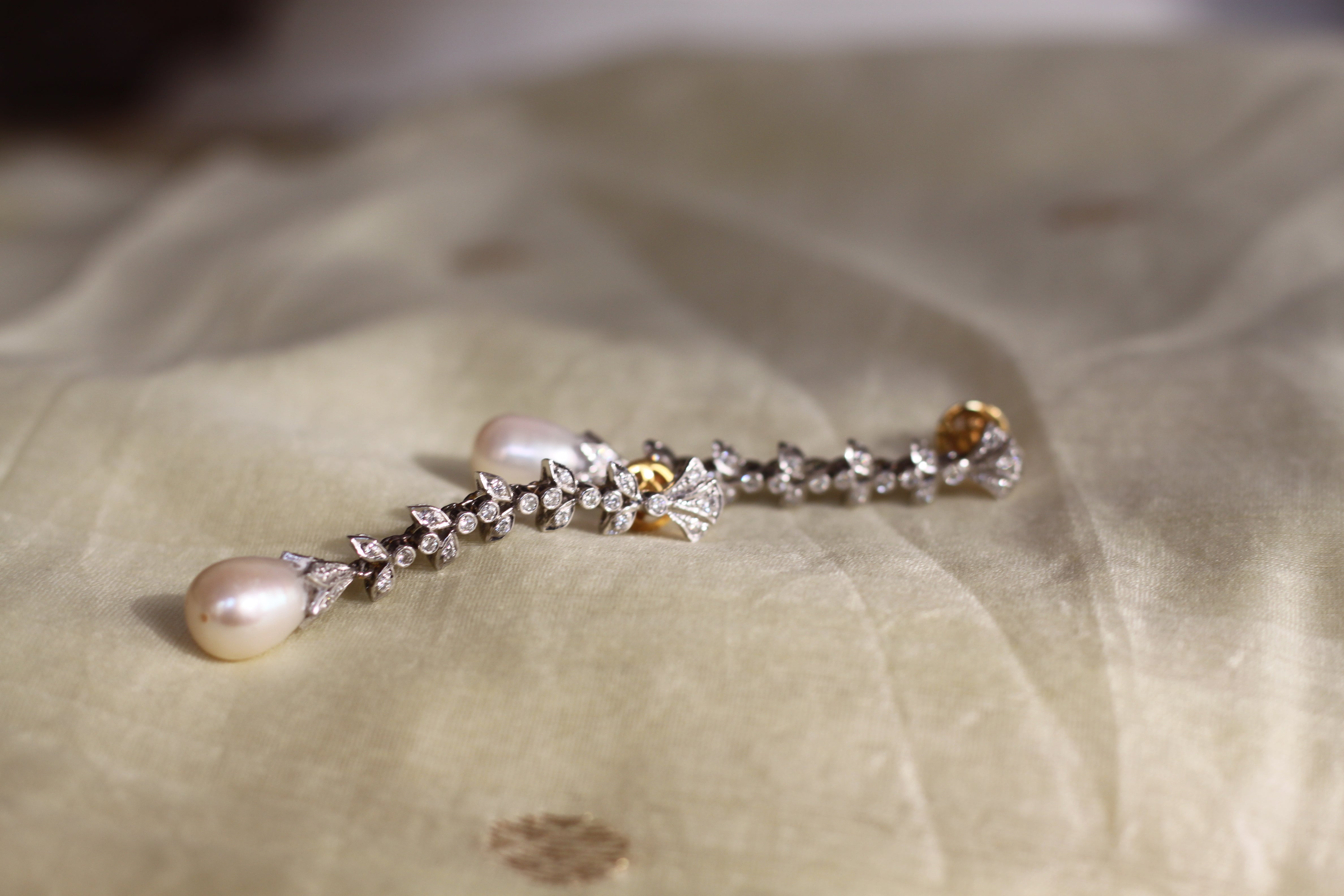 14K gold leaf earrings pearl teardrop dangle