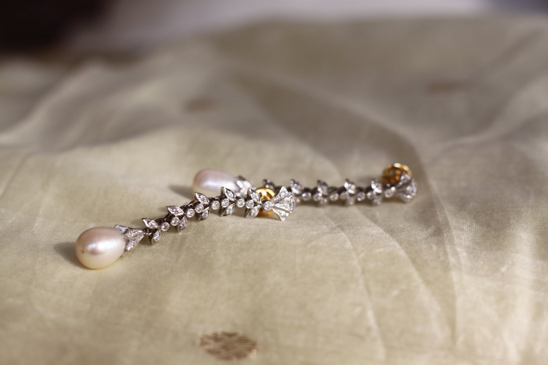 14K gold leaf earrings pearl teardrop dangle