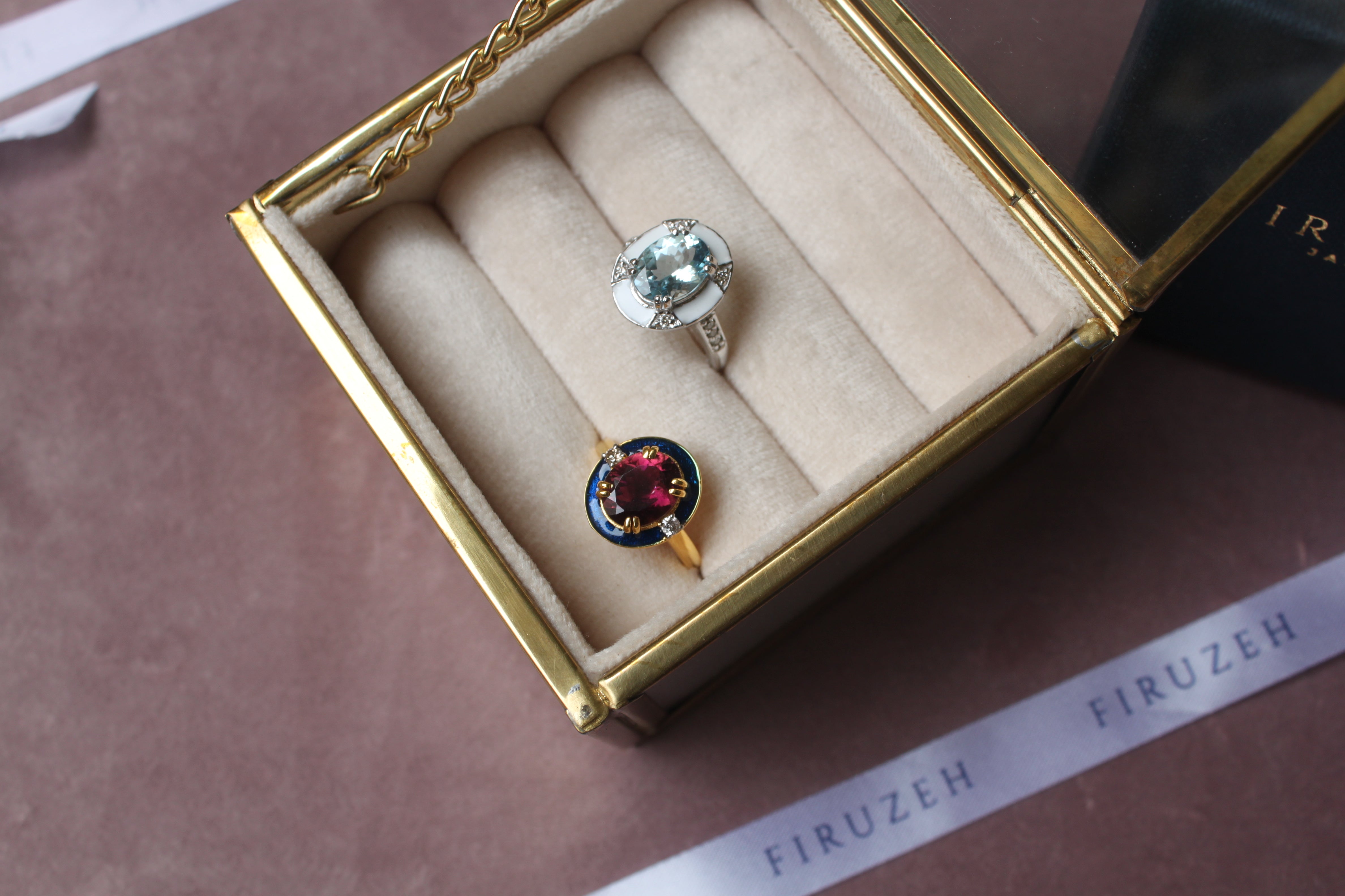 925 silver enamel ring with floral design in velvet box