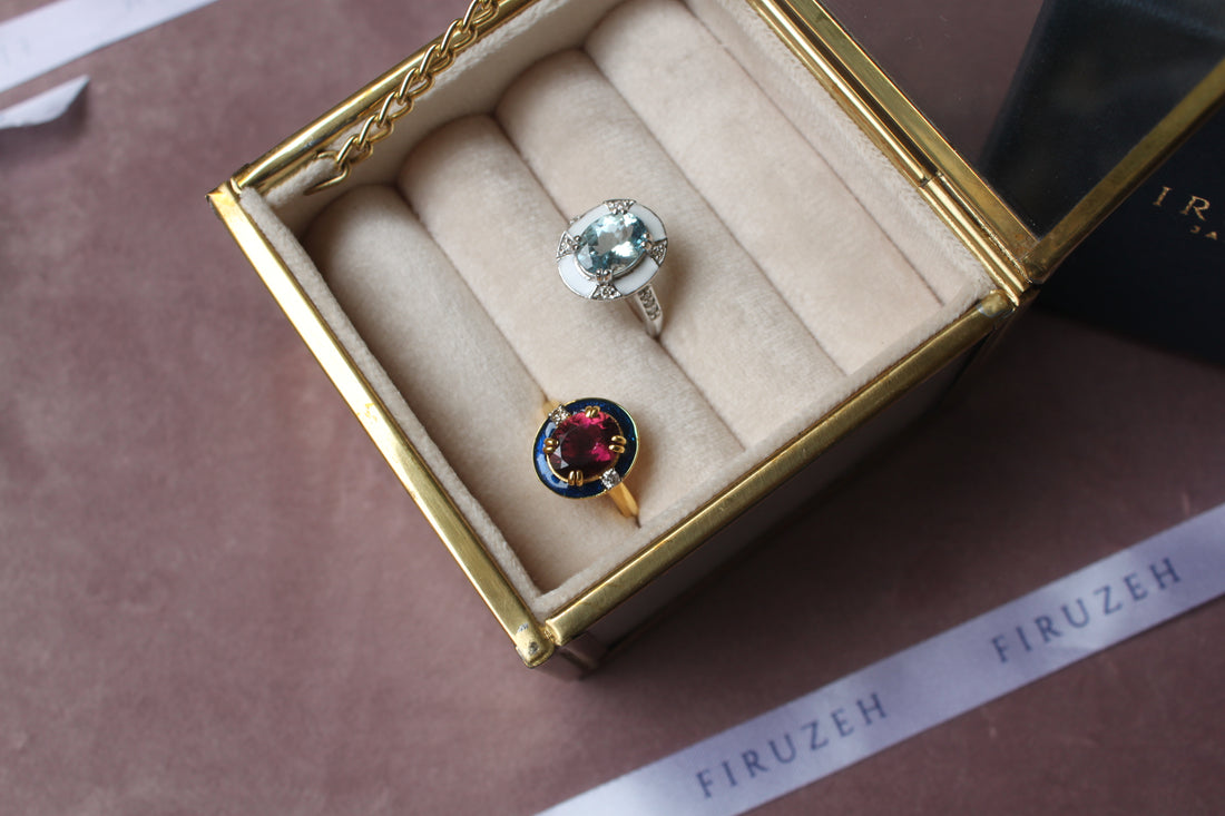 925 silver enamel ring with floral design in velvet box