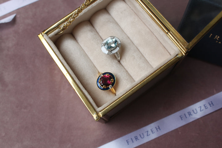 925 silver enamel ring with floral design in velvet box