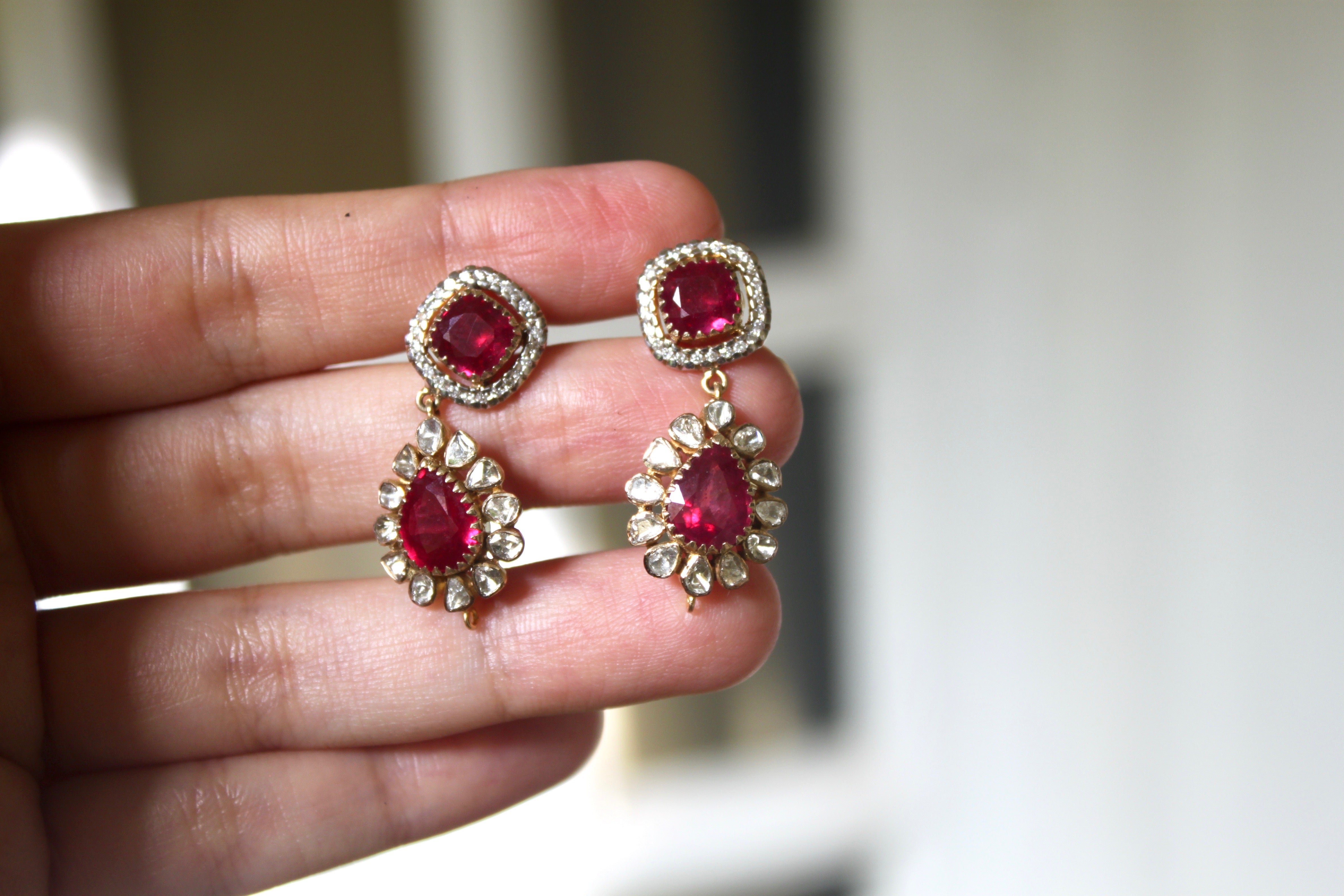 14K gold ruby polki earrings square and teardrop stones