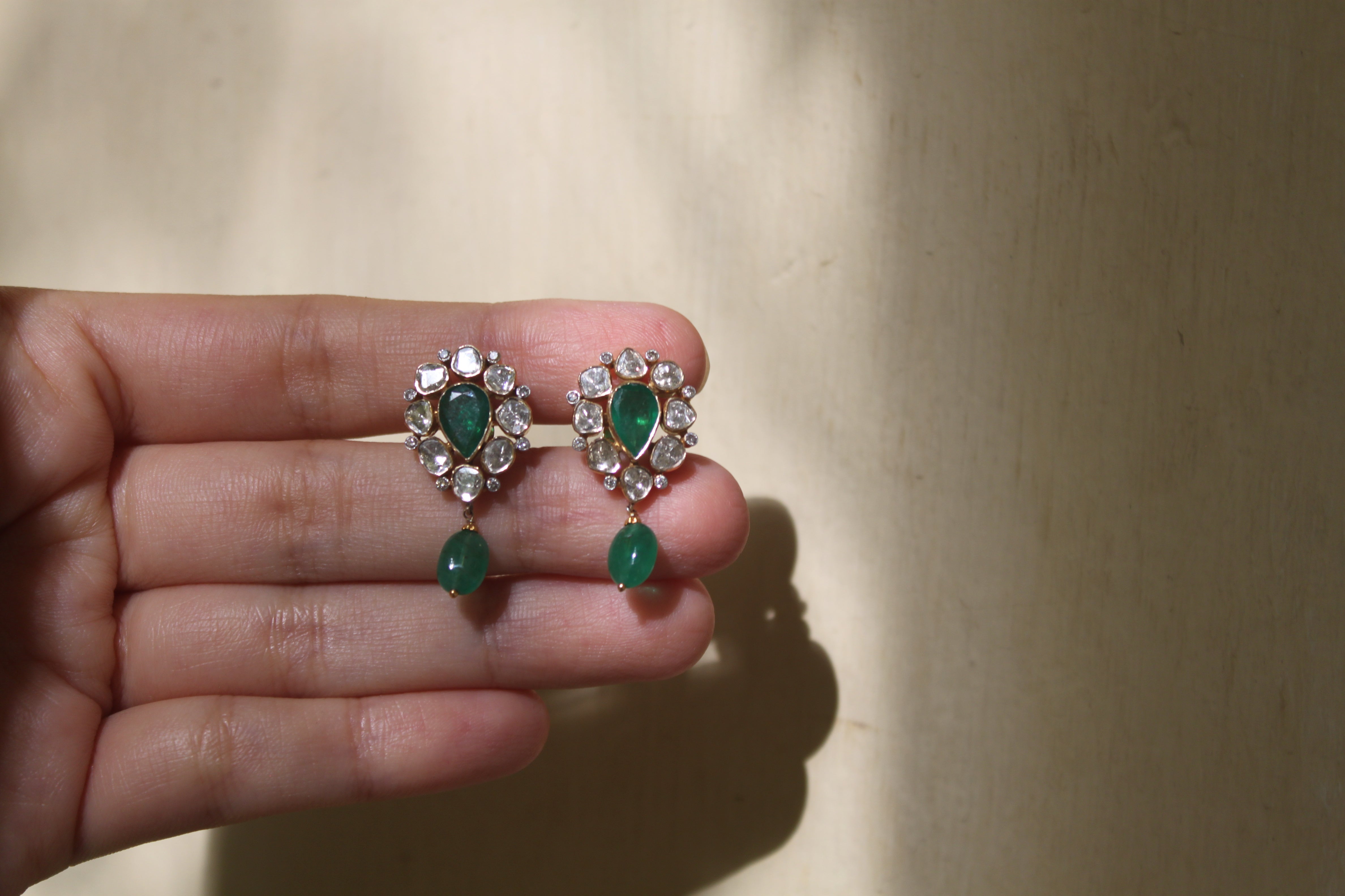 14K gold polki earrings green teardrop with crystal accents