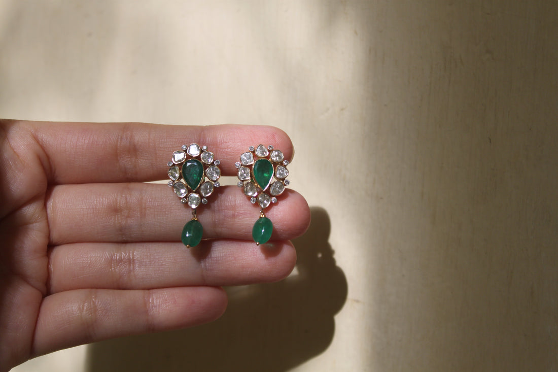 14K gold polki earrings green teardrop with crystal accents