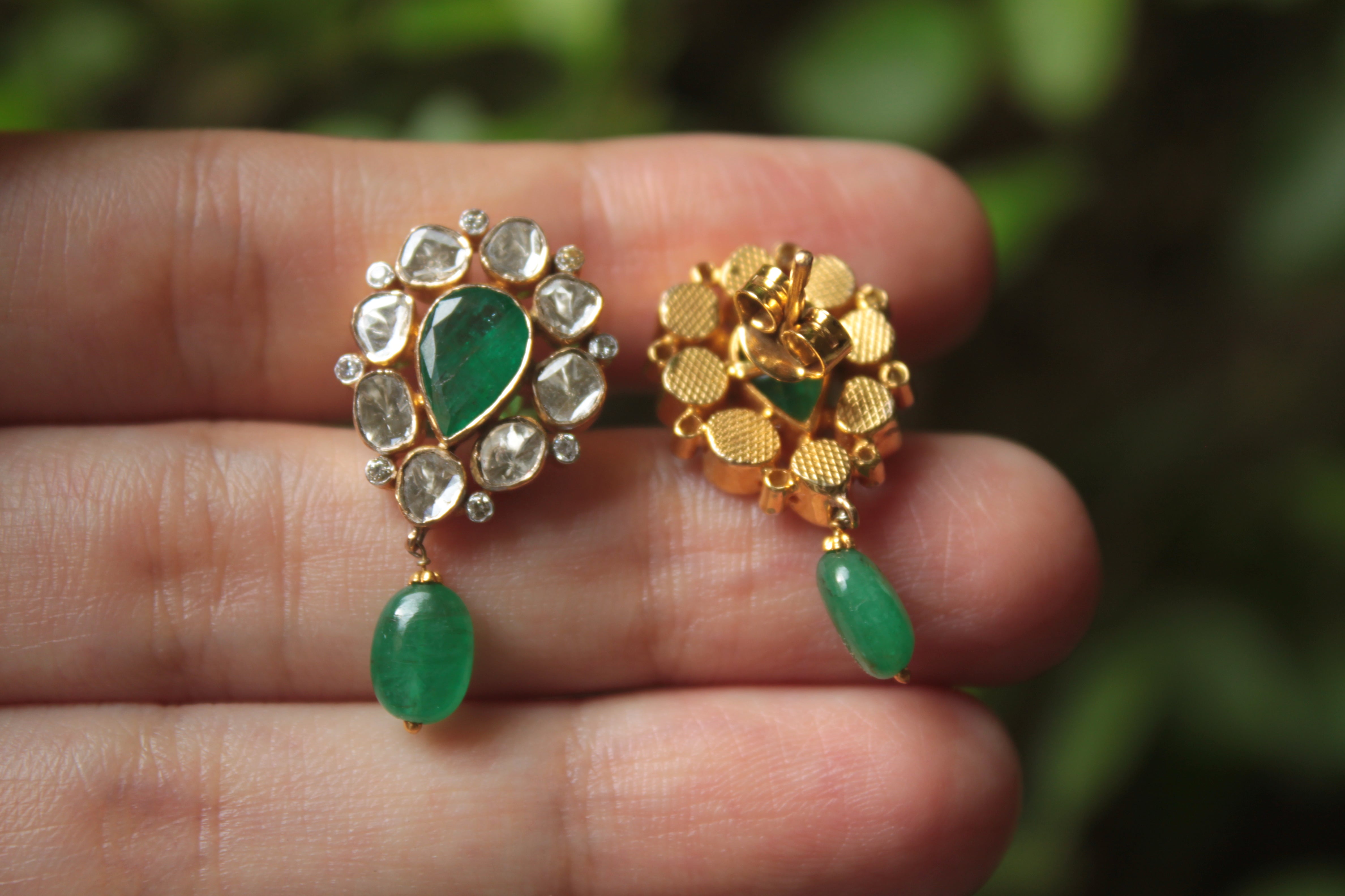 14K gold polki earrings teardrop emerald with floral design