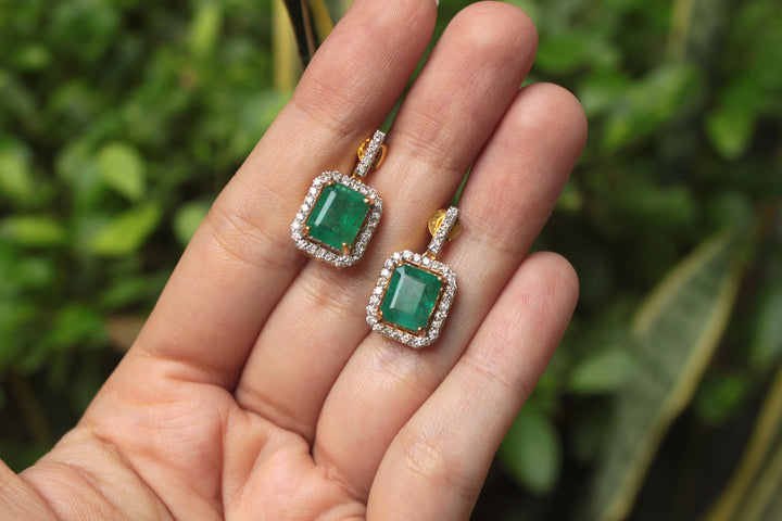 14K gold Emerald Arezu Earrings square emerald with diamonds