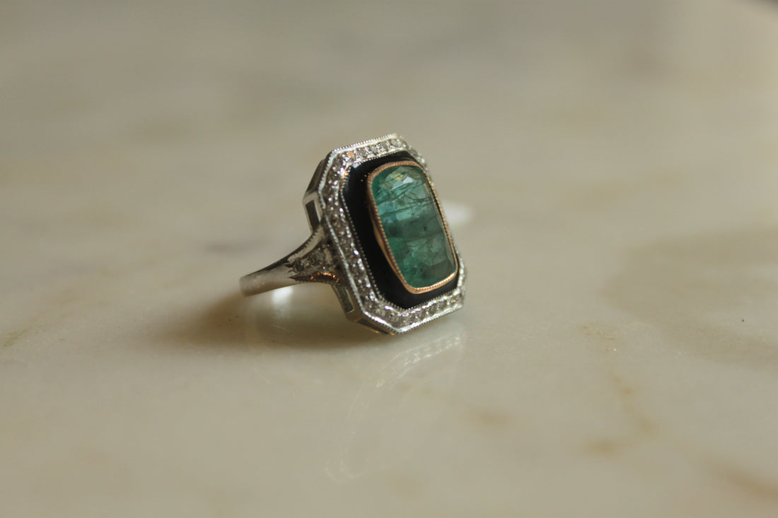 14K gold 925 silver Helen Curve Ring rectangular emerald