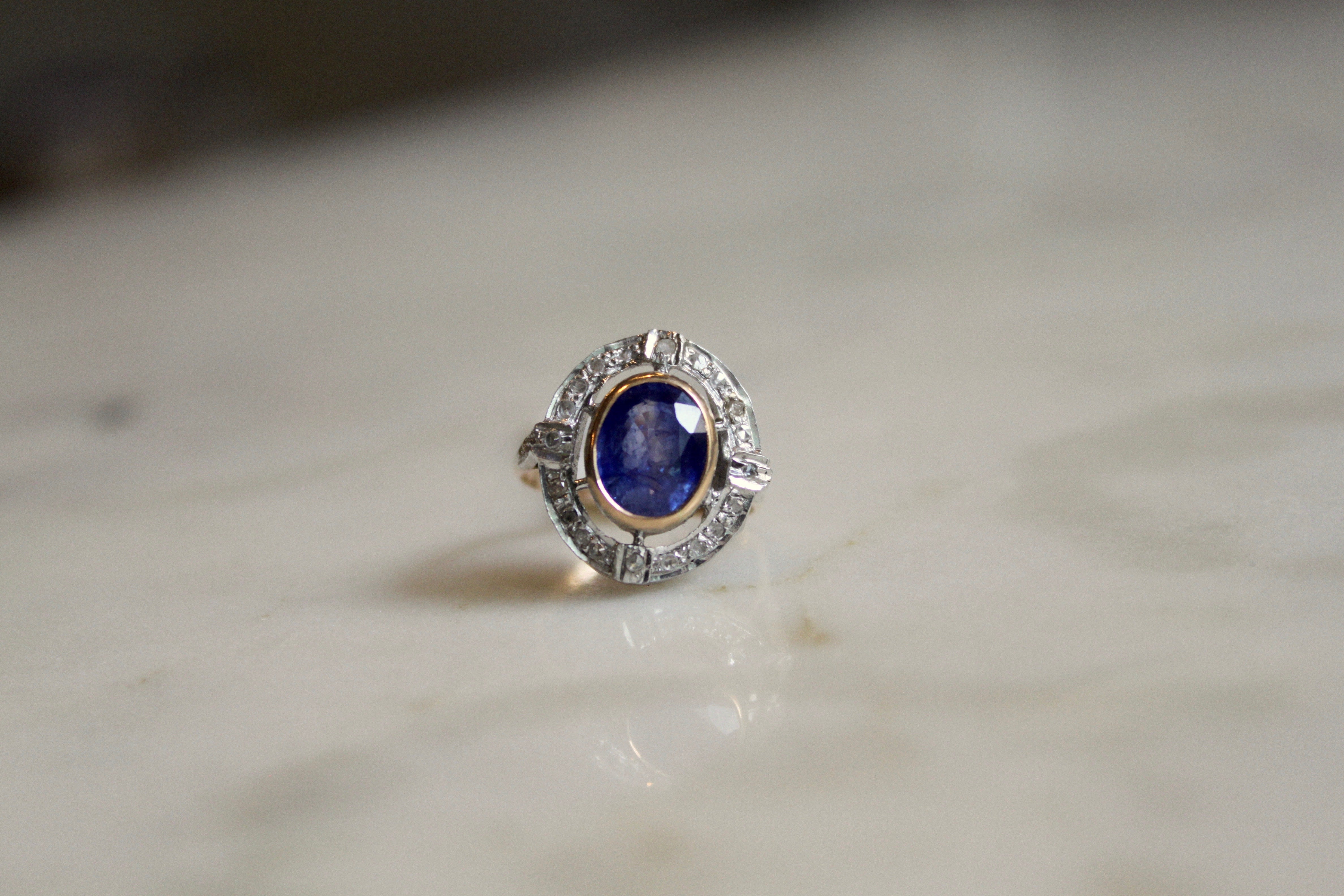 925 silver Art Deco sapphire ring intricate metal detailing