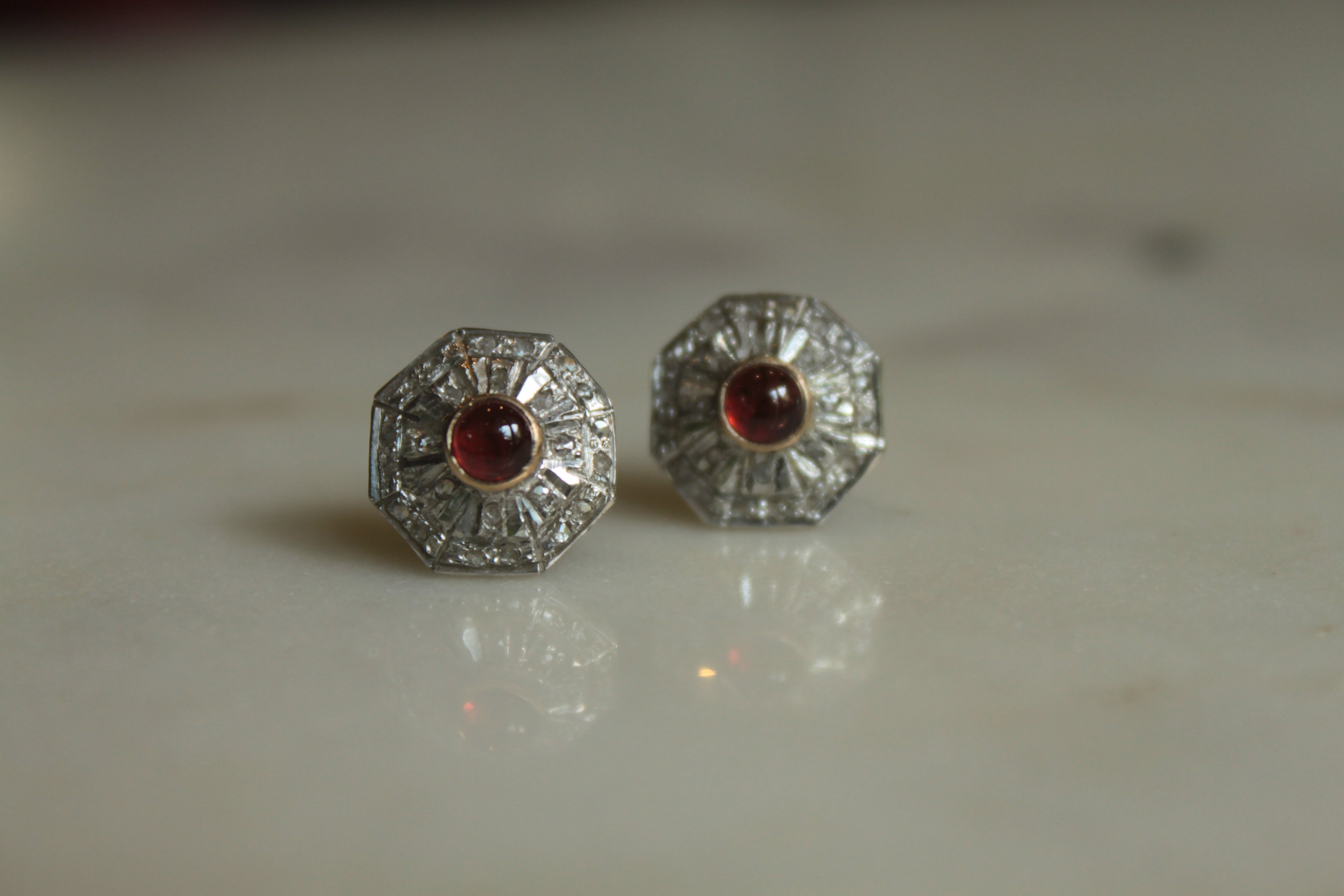 925 silver Art Deco garnet earrings octagonal design