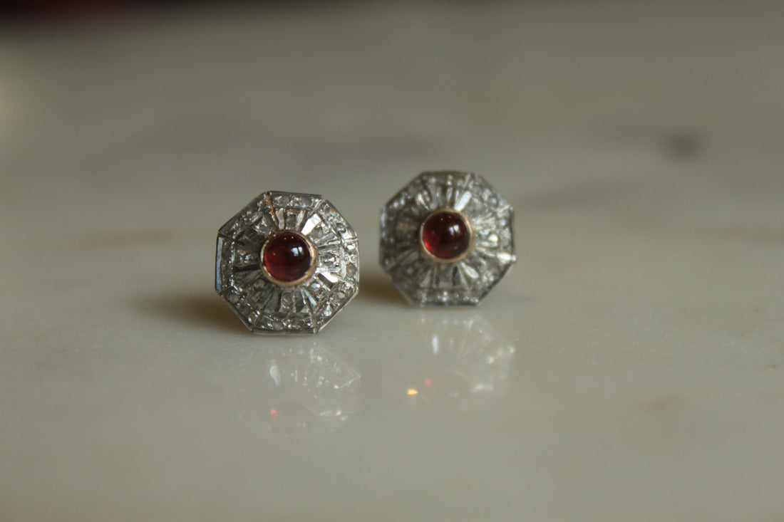 925 silver Art Deco garnet earrings octagonal design
