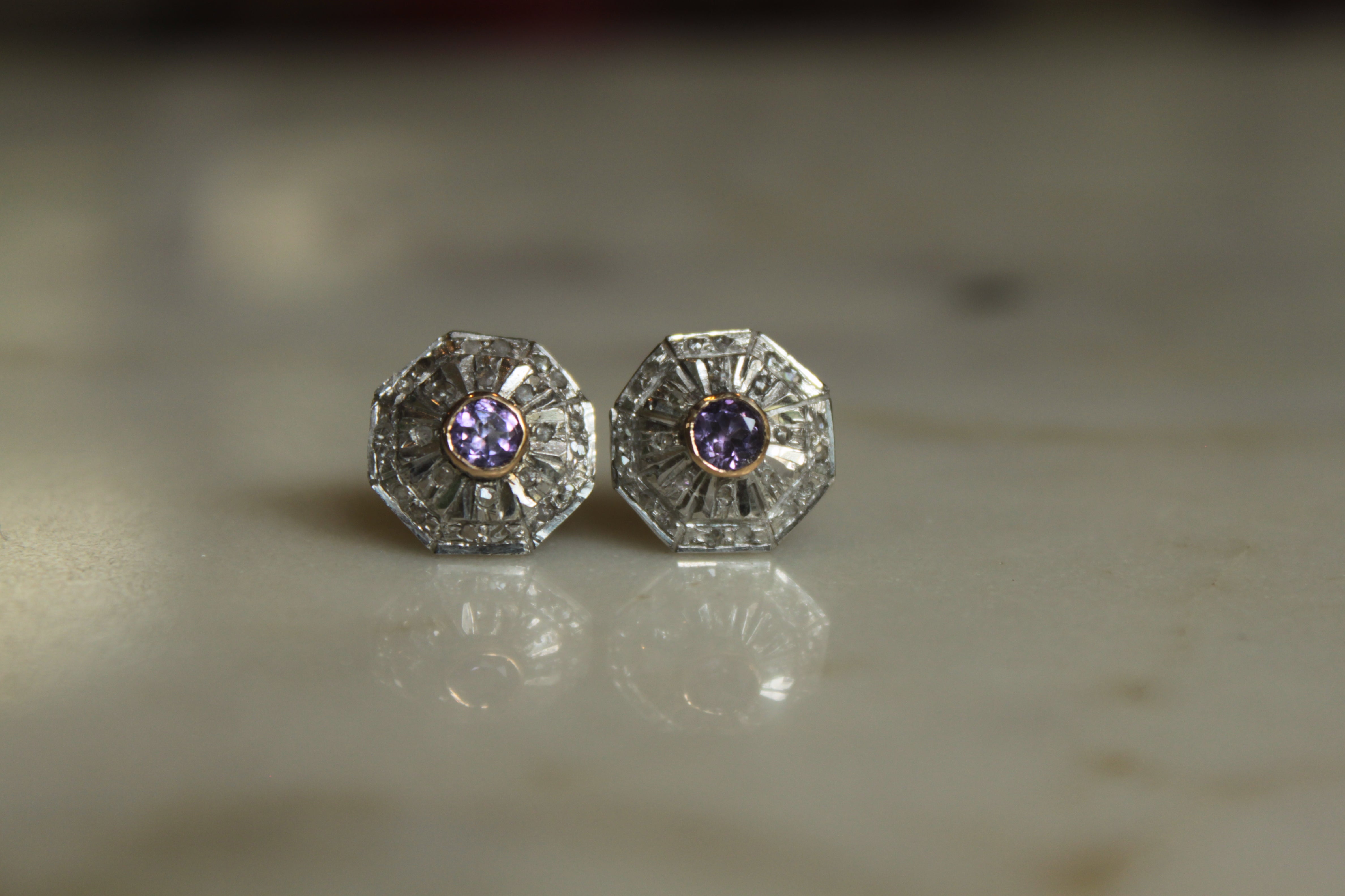 14K gold and 925 silver amethyst stud earrings octagonal design