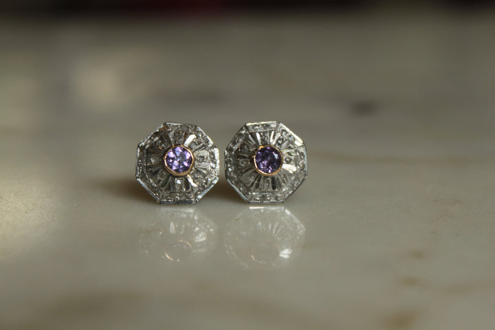 14K gold and 925 silver amethyst stud earrings octagonal design