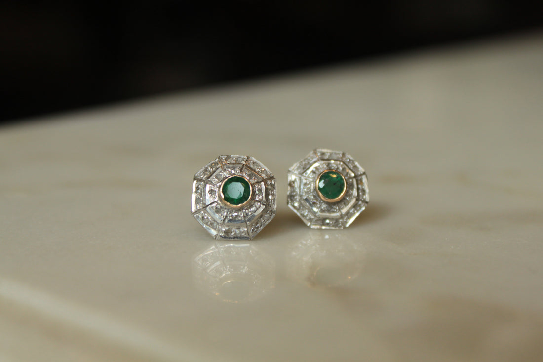 Art Deco earrings round emerald centers geometric detailing