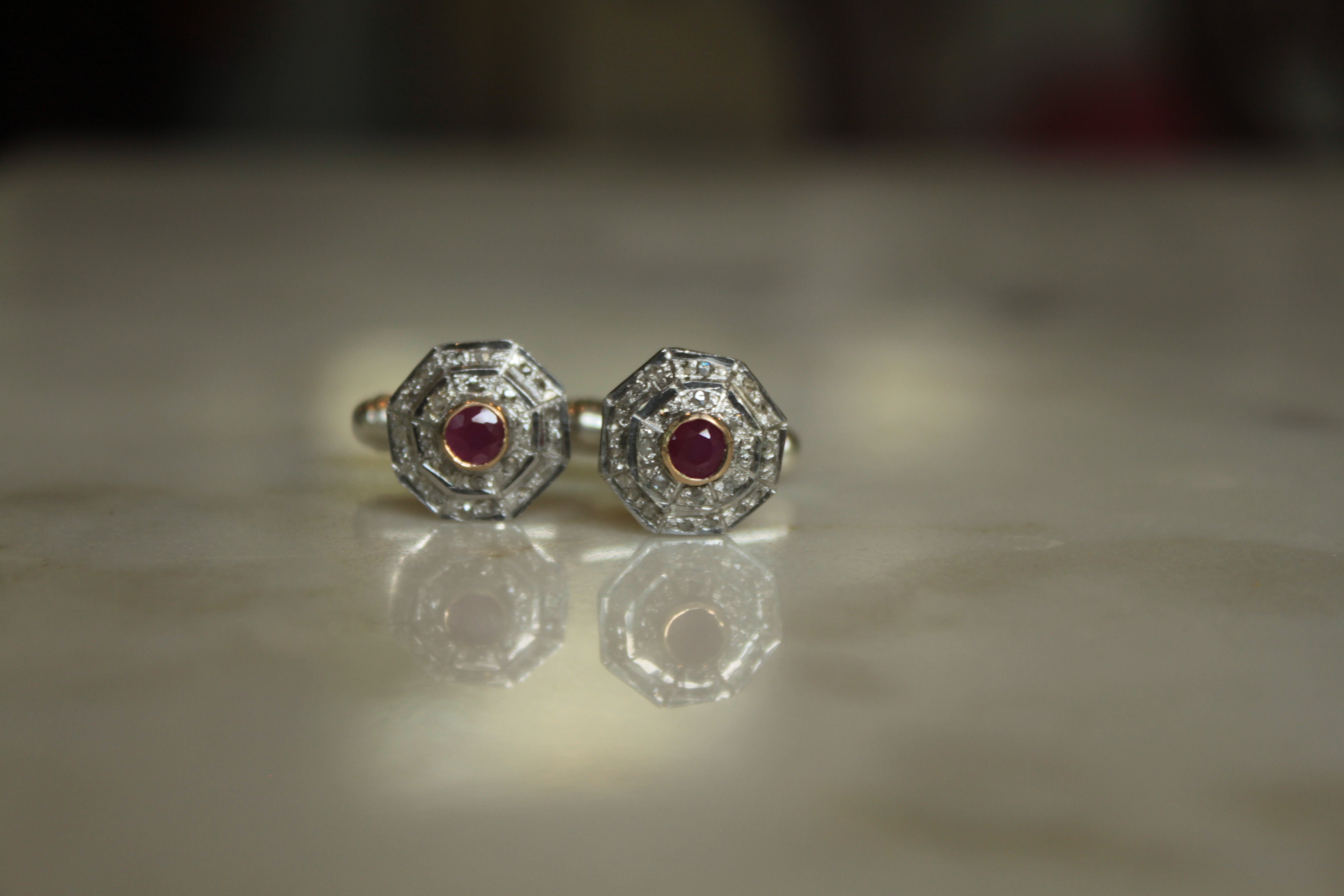 925 silver Art Deco cufflinks with round ruby center