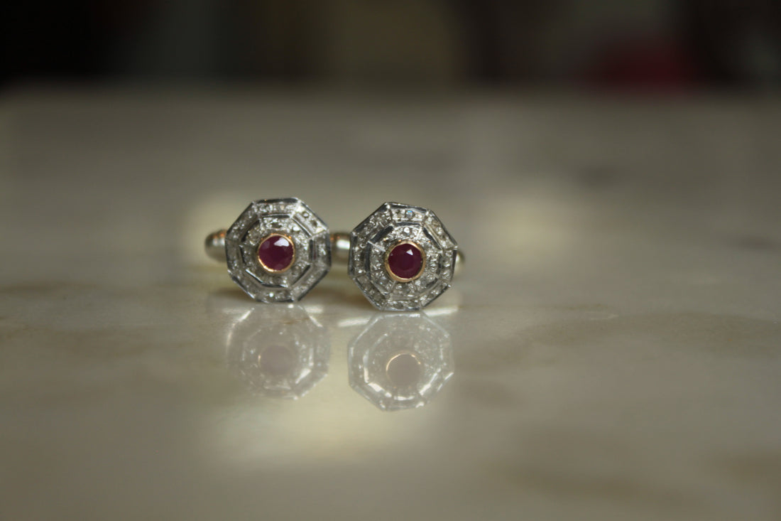 925 silver Art Deco cufflinks with round ruby center