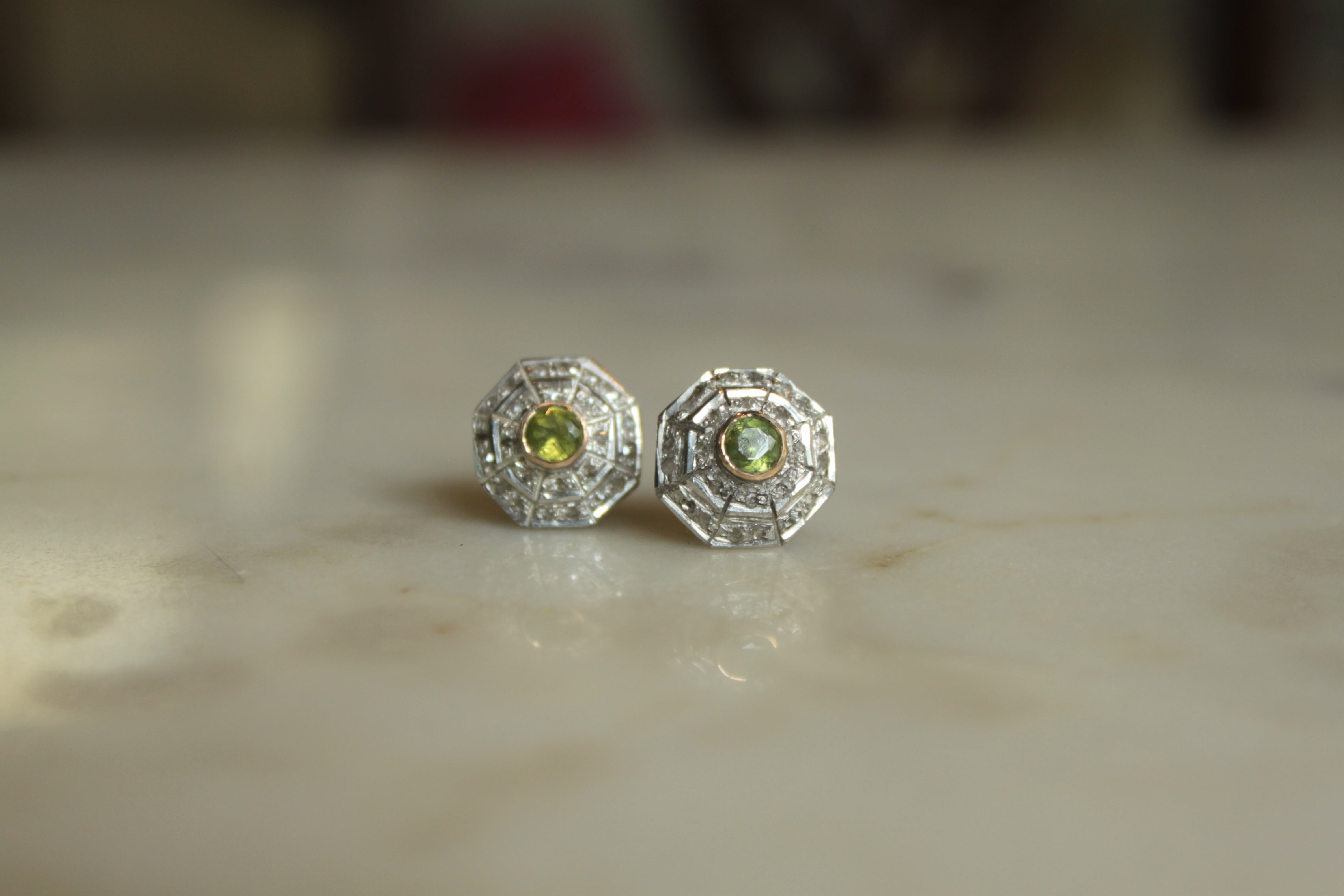14K gold Art Deco earrings with octagonal peridot setting