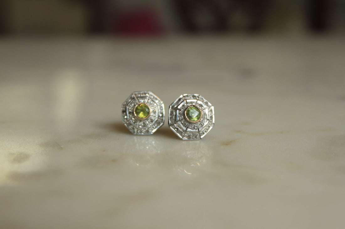 14K gold Art Deco earrings with octagonal peridot setting