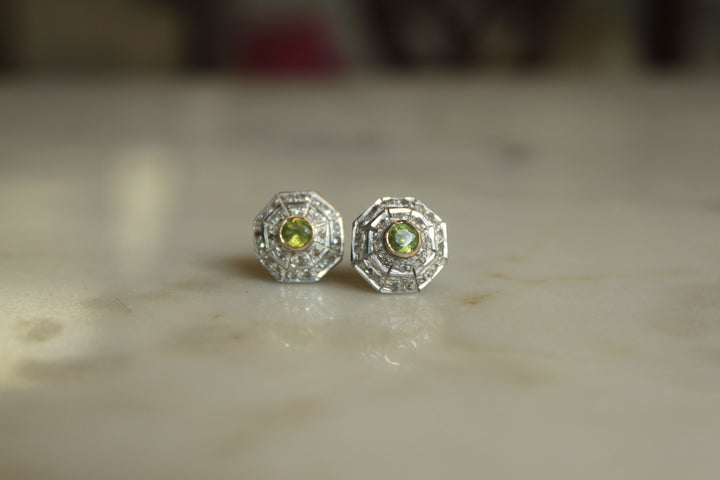 14K gold Art Deco earrings with octagonal peridot setting