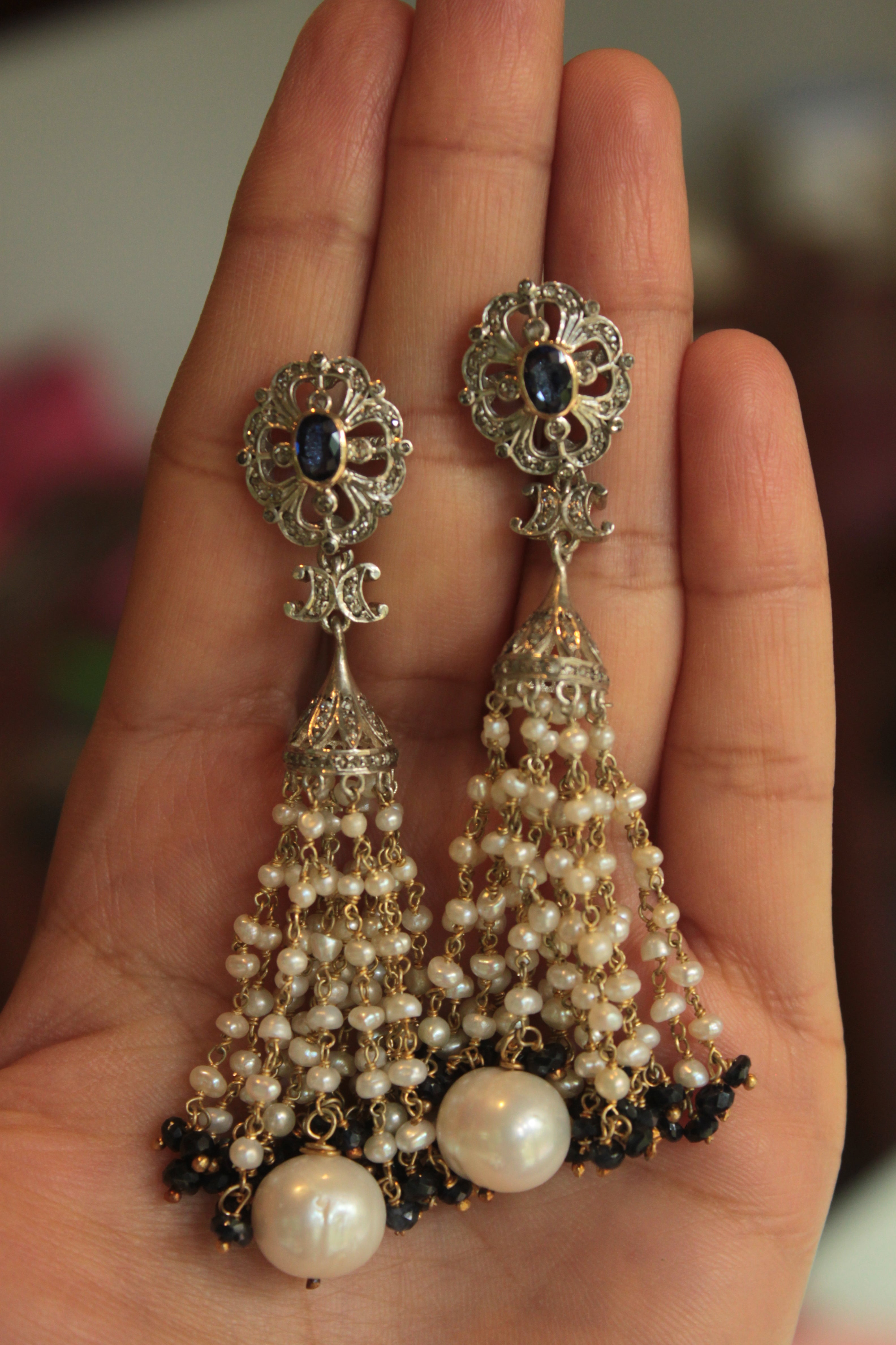 14K gold Laila earrings blue sapphire with cascading pearls