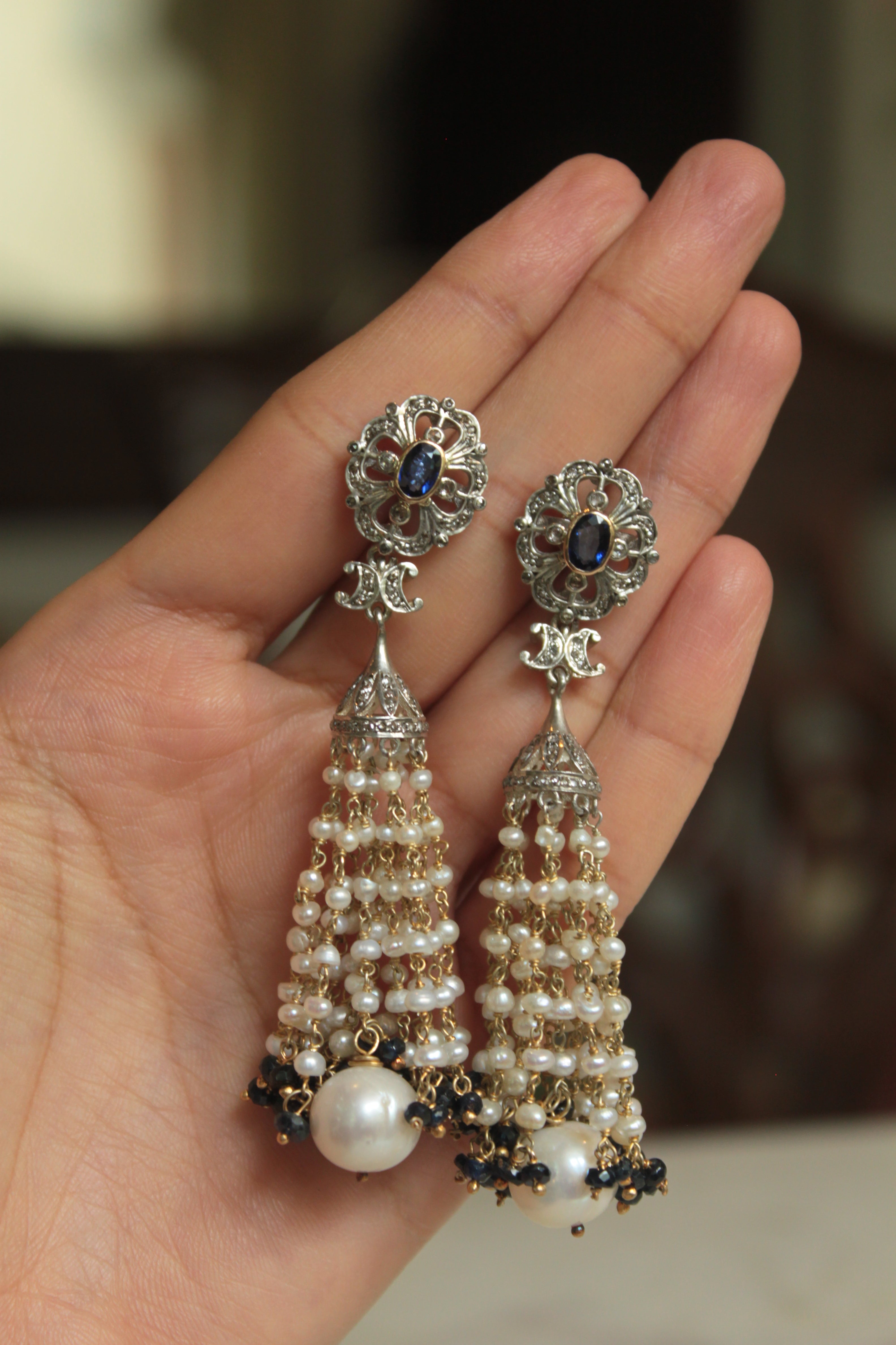 925 silver Laila earrings blue sapphire with pearl tassels