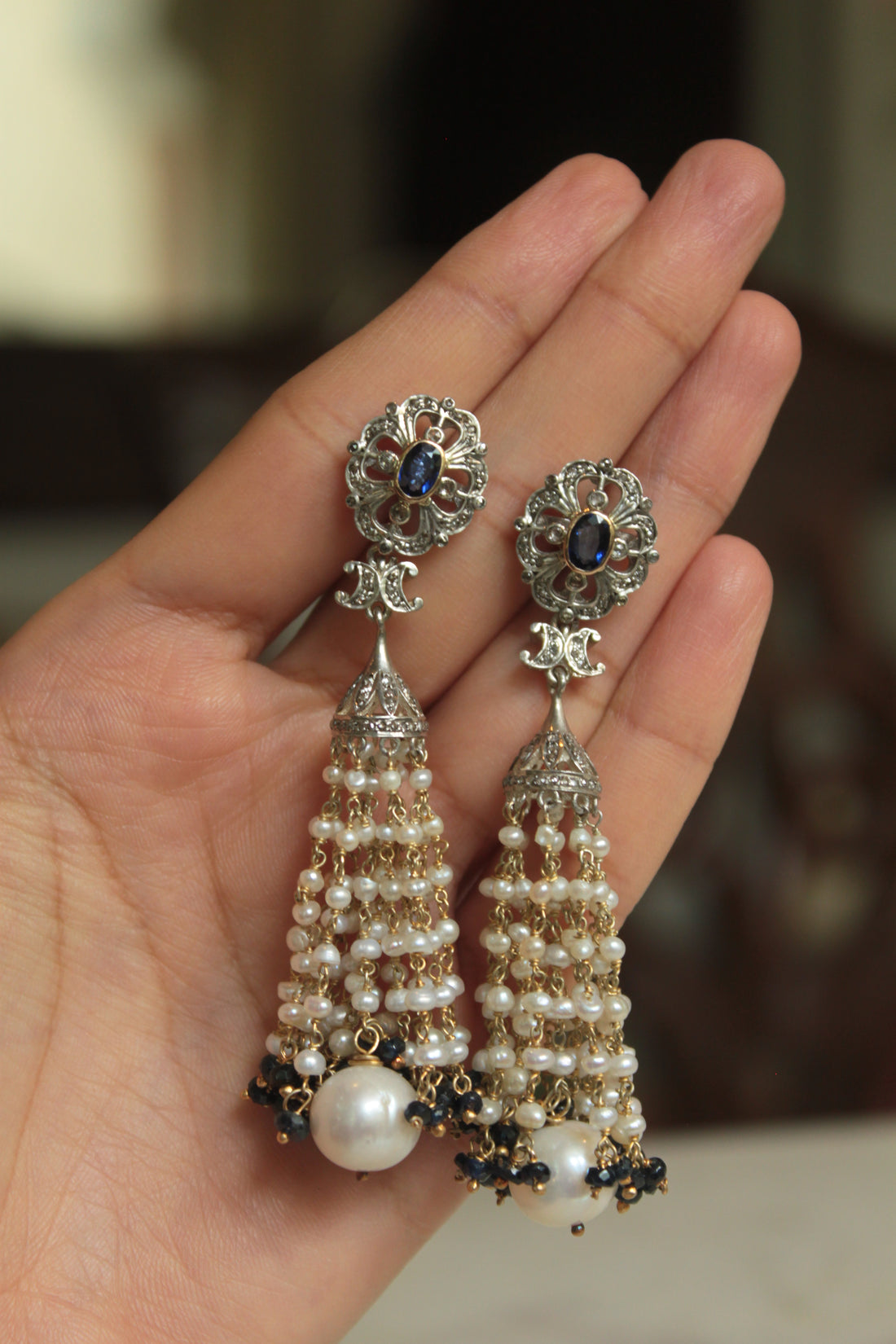 925 silver Laila earrings blue sapphire with pearl tassels