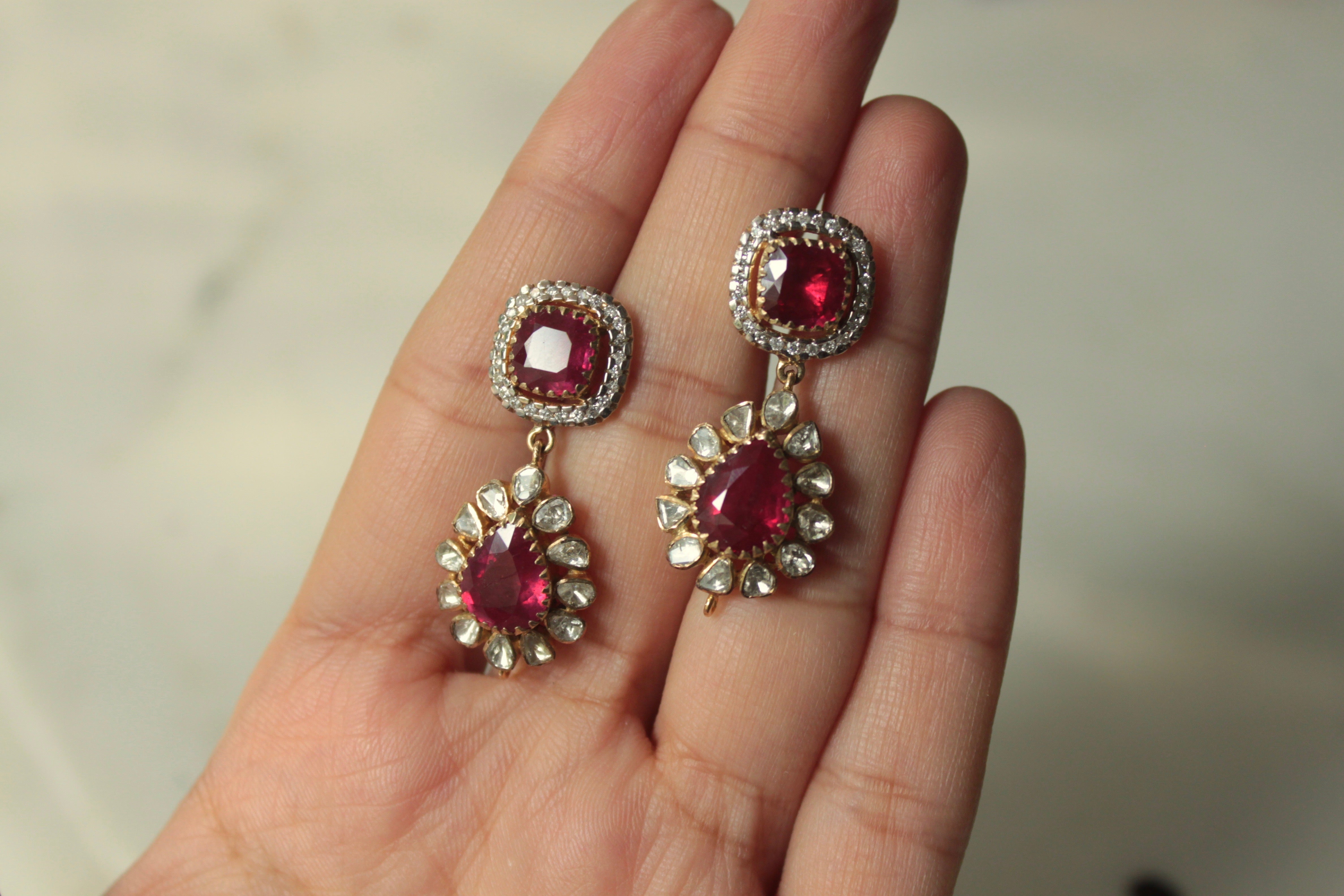 14K gold Rubina Earrings ruby with polki stones