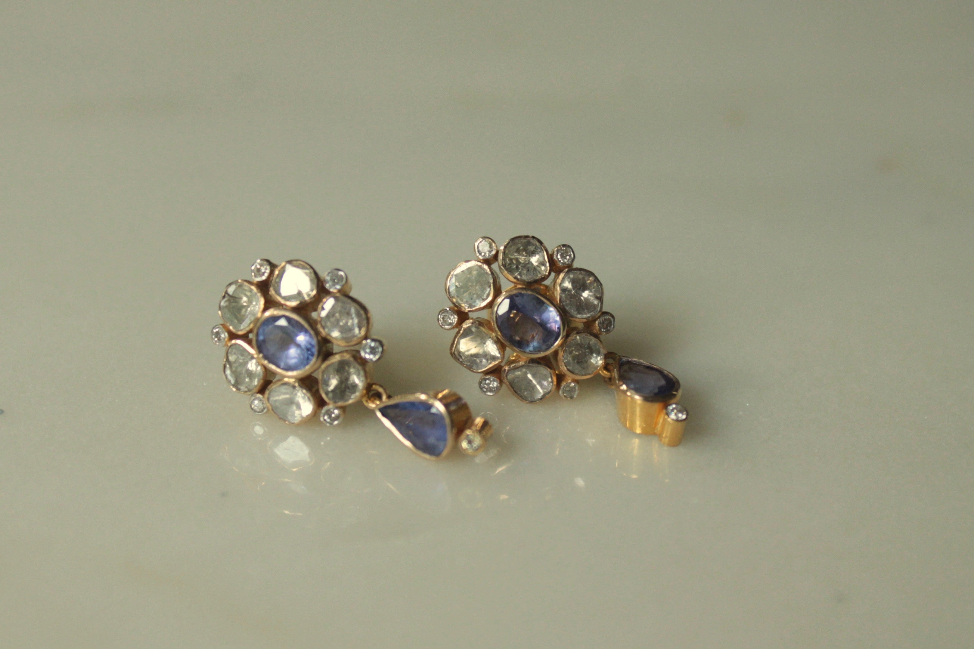 14K gold Hadid Earrings tanzanite diamond polki cluster