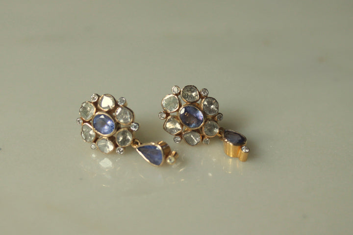 14K gold Hadid Earrings tanzanite diamond polki cluster